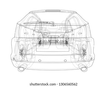 Concept car. Vector rendering of 3d. Wire-frame style. The layers of visible and invisible lines are separated
