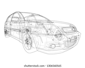Concept car. Vector rendering of 3d. Wire-frame style. The layers of visible and invisible lines are separated