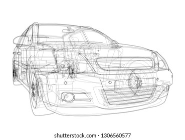 Concept car. Vector rendering of 3d. Wire-frame style. The layers of visible and invisible lines are separated
