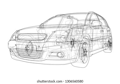 Concept car. Vector rendering of 3d. Wire-frame style. The layers of visible and invisible lines are separated