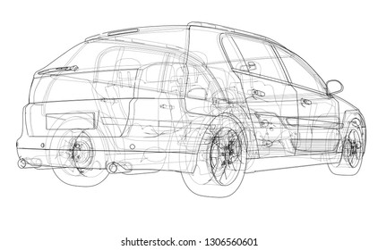 Concept car. Vector rendering of 3d. Wire-frame style. The layers of visible and invisible lines are separated