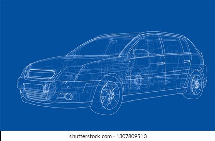 Concept car. Vector rendering of 3d. Wire-frame style. The layers of visible and invisible lines are separated