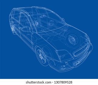 Concept car. Vector rendering of 3d. Wire-frame style. The layers of visible and invisible lines are separated