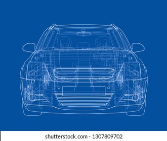 Concept car. Vector rendering of 3d. Wire-frame style. The layers of visible and invisible lines are separated