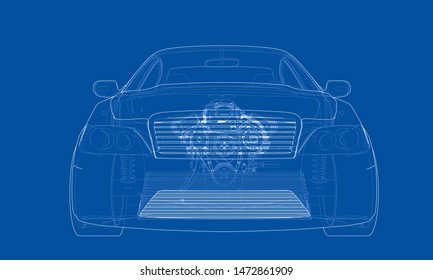 Concept car. Vector rendering of 3d. Wire-frame style. The layers of visible and invisible lines are separated