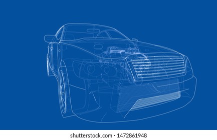 Concept car. Vector rendering of 3d. Wire-frame style. The layers of visible and invisible lines are separated