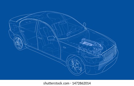 Concept car. Vector rendering of 3d. Wire-frame style. The layers of visible and invisible lines are separated