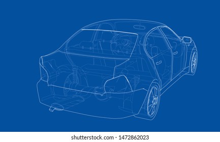 Concept car. Vector rendering of 3d. Wire-frame style. The layers of visible and invisible lines are separated