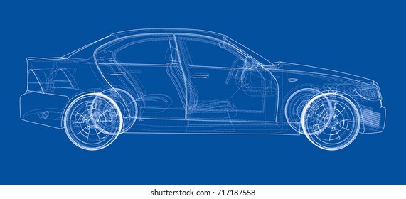 Concept car. Vector rendering of 3d. Wire-frame style. The layers of visible and invisible lines are separated