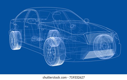 Concept car. Vector rendering of 3d. Wire-frame style. The layers of visible and invisible lines are separated