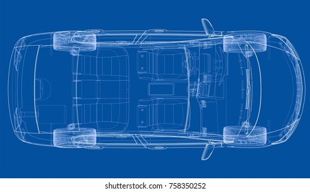 Concept car. Vector rendering of 3d. Wire-frame style. The layers of visible and invisible lines are separated