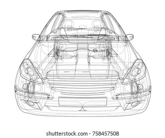 Concept car. Vector rendering of 3d. Wire-frame style. The layers of visible and invisible lines are separated
