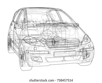 Concept car. Vector rendering of 3d. Wire-frame style. The layers of visible and invisible lines are separated