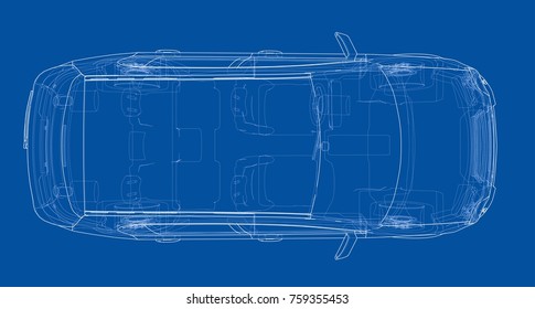 Concept car. Vector rendering of 3d. Wire-frame style. The layers of visible and invisible lines are separated