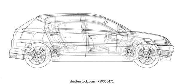 Concept car. Vector rendering of 3d. Wire-frame style. The layers of visible and invisible lines are separated