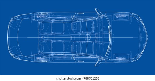 Concept car. Vector rendering of 3d. Wire-frame style. The layers of visible and invisible lines are separated