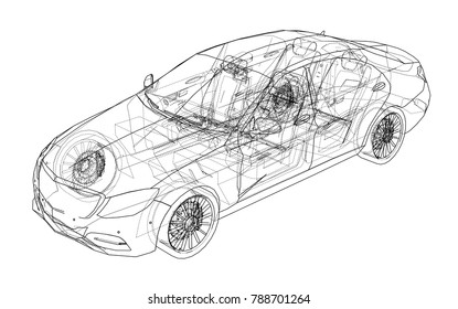 Concept car. Vector rendering of 3d. Wire-frame style. The layers of visible and invisible lines are separated