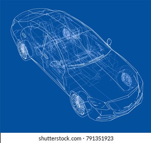 Concept car. Vector rendering of 3d. Wire-frame style. The layers of visible and invisible lines are separated