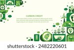 The concept of carbon credit and carbon footprint with icons.Tradable certificate to drive industry and company to the direction of low emissions and carbon offset solution.Green vector template.