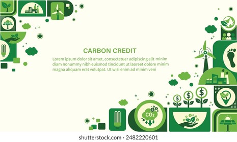 The concept of carbon credit and carbon footprint with icons.Tradable certificate to drive industry and company to the direction of low emissions and carbon offset solution.Green vector template.