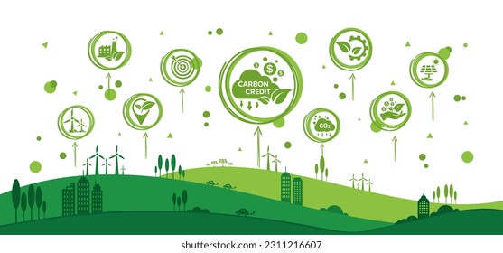 El concepto de crédito al carbono con íconos. Certificado comercializable para llevar a la industria y a la empresa a la dirección de soluciones de reducción de emisiones y compensación de carbono. Plantilla de ilustración de vector verde. 