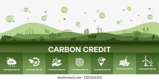 Das Konzept des CO2-Kredits mit Symbolen. Handelsfähiges Zertifikat, um Industrie und Unternehmen in Richtung emissionsarme und CO2-Kompensationslösung zu treiben. Grüne Vektorgrafik-Vorlage.
