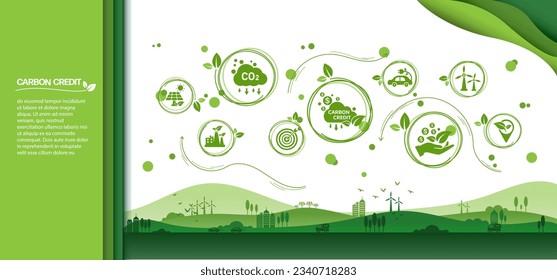 El concepto de crédito al carbono con íconos. Certificado comercializable para llevar a la industria y a la empresa a la dirección de soluciones de reducción de emisiones y compensación de carbono. Plantilla de ilustración de vector verde.