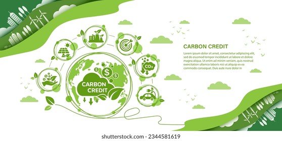 El concepto de crédito al carbono con íconos. Certificado comercializable para llevar a la industria y a la empresa a la dirección de soluciones de reducción de emisiones y compensación de carbono. Plantilla de ilustración de vector verde.