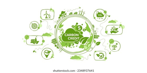 The concept of carbon credit with icons. Tradable certificate to drive industry and company to the direction of low emissions and carbon offset solution. Green vector illustration template.	
