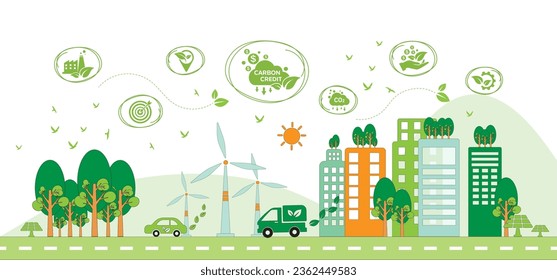 The concept of carbon credit with icons. Tradable certificate to drive industry and company to the direction of low emissions and carbon offset solution. Green vector illustration template.