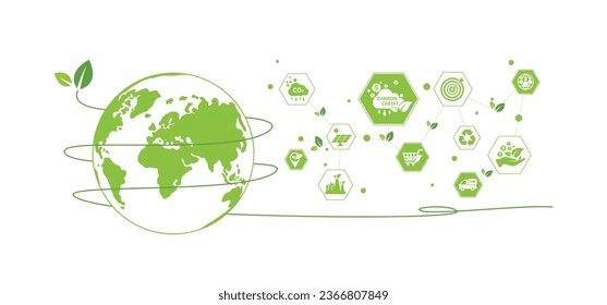 The concept of carbon credit with icons. Tradable certificate to drive industry and company to the direction of low emissions and carbon offset solution. Green vector illustration template.