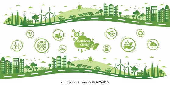 The concept of carbon credit with icons. Tradable certificate to drive industry and company to the direction of low emissions and carbon offset solution. Green vector illustration template.