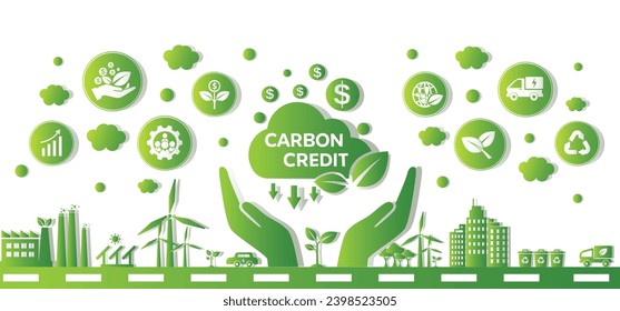 The concept of carbon credit with icons. Tradable certificate to drive industry and company to the direction of low emissions and carbon offset solution. Green vector illustration template.