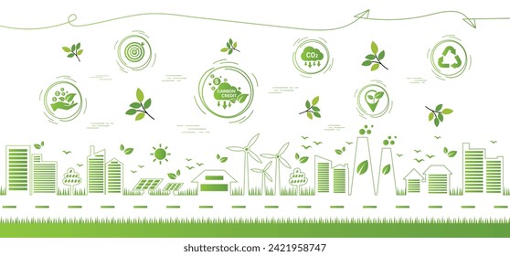 The concept of carbon credit with icons. Tradable certificate to drive industry and company to the direction of low emissions and carbon offset solution. Green vector illustration template.