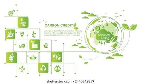 El concepto de crédito de carbono con iconos. Certificado comercializable para conducir a la industria y la empresa a la dirección de bajas emisiones y solución de compensación de carbono. Plantilla de ilustración vectorial verde.