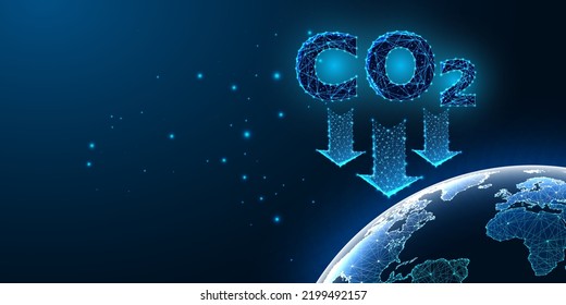 Concept of Carbon dioxide reduction, global warming effect in futuristic style on blue background.