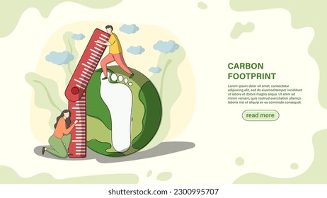 The concept of carbon footprint, the character measure huge foot, the impact of carbon footprint pollution, Co2 emission in environment, carbon dioxide effect on planet ecosystem. Vector illustration.