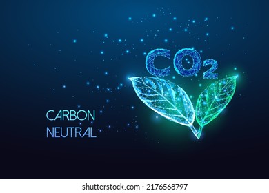 Concept of carbon neutral, net zero emission with CO2 and green leaves in futuristic glowing on blue