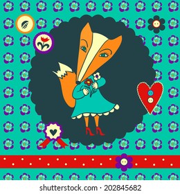 Concept card with cute fox on flower background. Vintage style. 