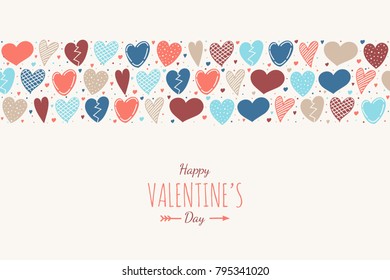 Concept of card with cute hand drawn hearts for Valentine's Day. Vector. 