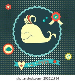 Concept card with cute whale, hearts and buttons on polka-dotted background. Bright illustration in vector. Vintage background. 