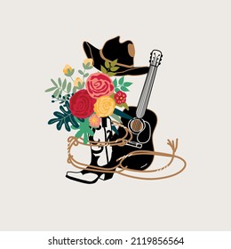 concept card with guitar, cowboy hat, flowers and cowboy boot, vector design for paper, fabric and other surfaces