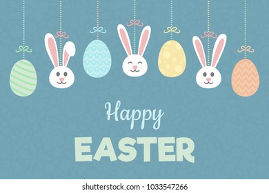Concept of a card with hanging eggs and bunnies - Easter. Vector.