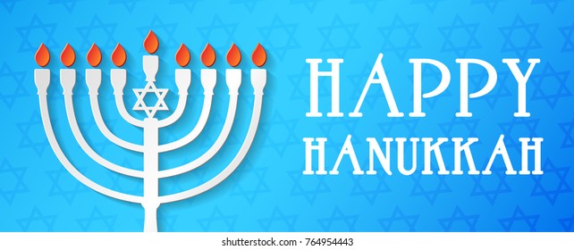 Concept of card for Happy Hanukkah with menorah and greeting. Vector.