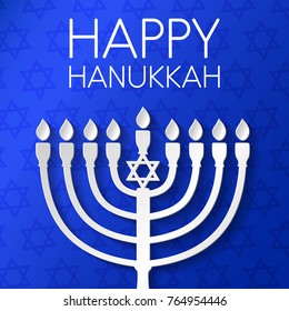 Concept of card for Happy Hanukkah with menorah and greeting. Vector.