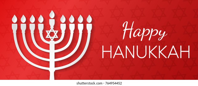 Concept of card for Happy Hanukkah with menorah and greeting. Vector.