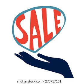 Concept card for sales. hand holding handwritten sale word vector illustration