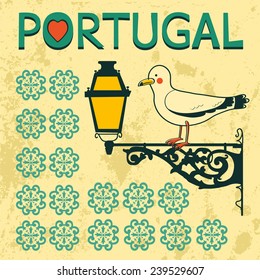Concept card with tipical portuguese lantern and seagull. Vector illustration