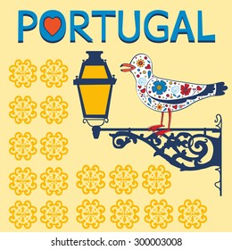 Concept card with tipical portuguese lantern and seagull. Vector illustration