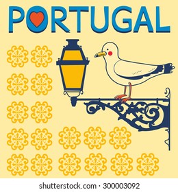 Concept card with tipical portuguese lantern and seagull. Vector illustration